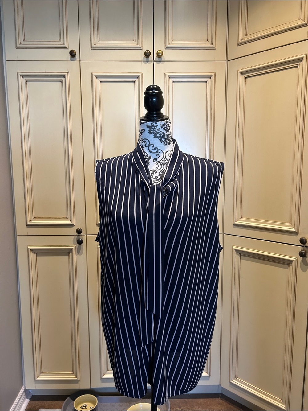 Ann Taylor Navy and white Vertical Stripe Tie-Neck Blouse